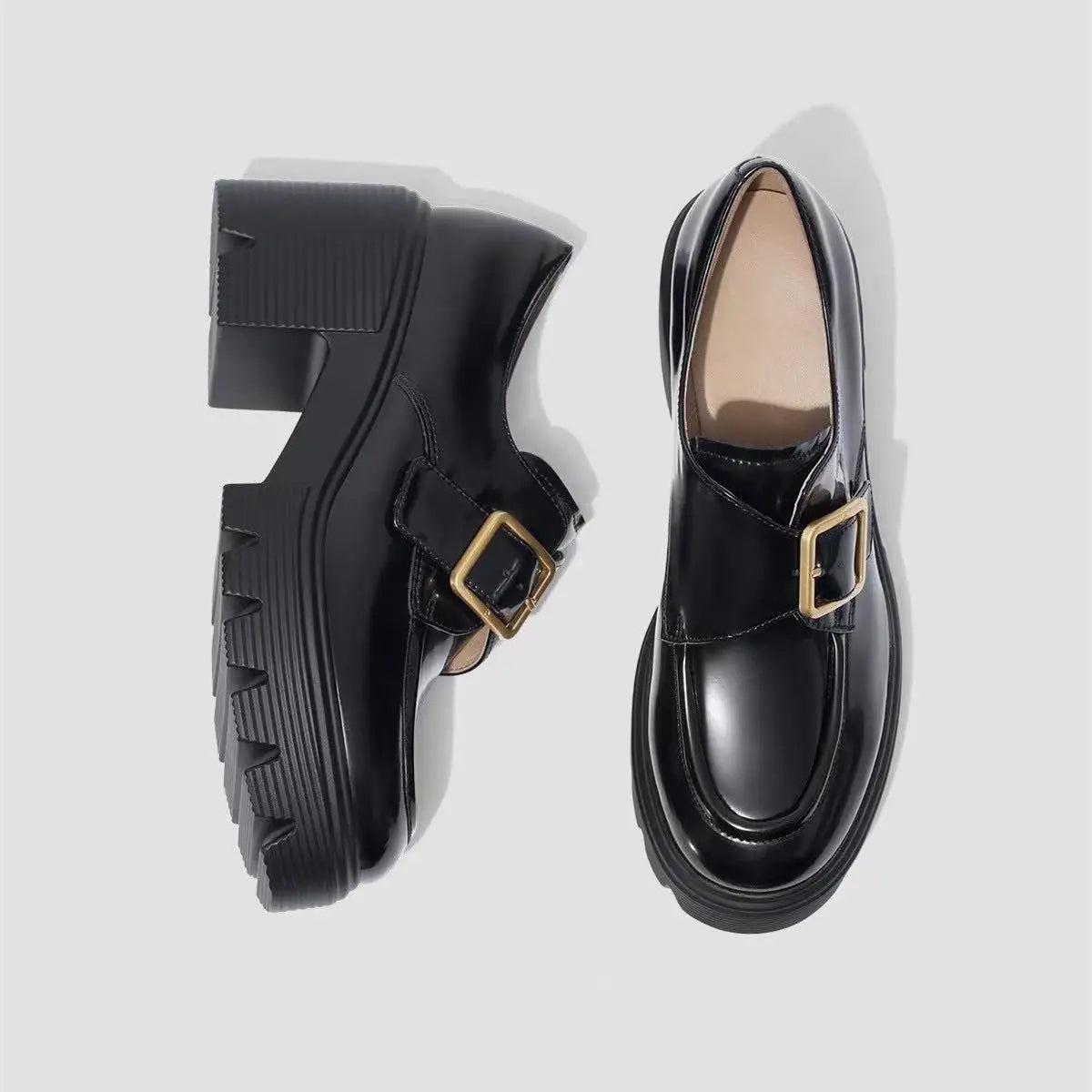 High-end Loafers for Women with Adjustable Buckles and Thick Heels, Suitable for Office Wear and Heightening the Appearance