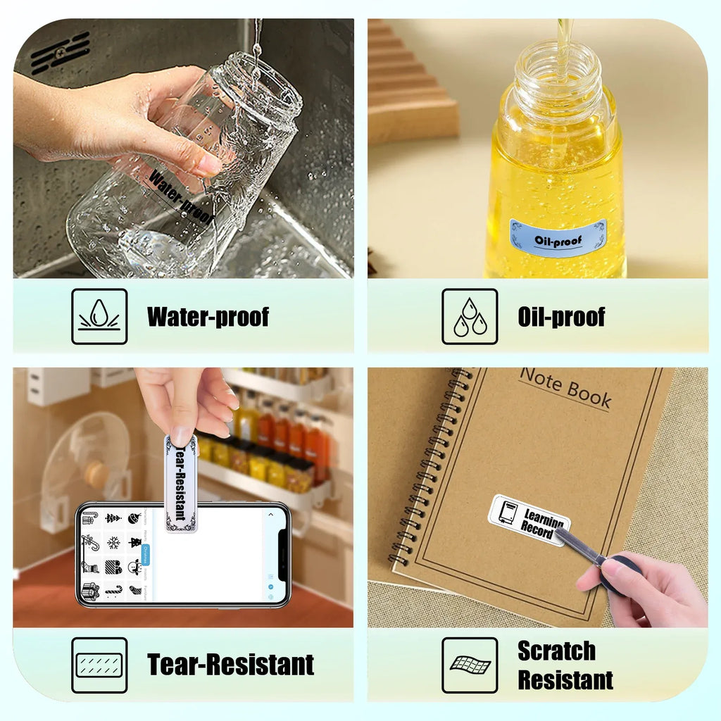 Durable thermal label tape labeled as water-proof, oil-proof, tear-resistant, and scratch-resistant