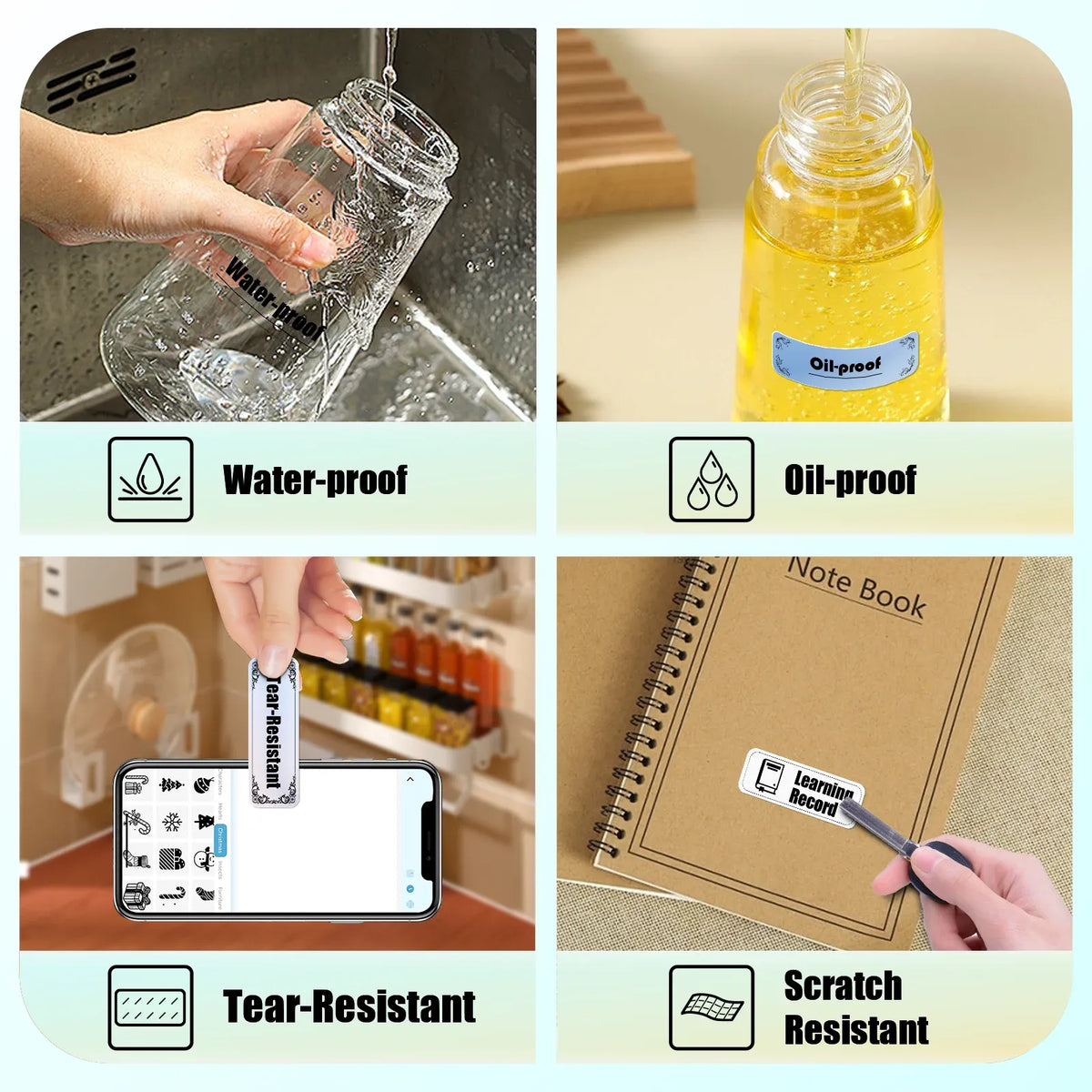 Durable thermal label tape labeled as water-proof, oil-proof, tear-resistant, and scratch-resistant
