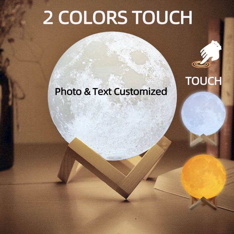 Customized moon lamp on a wooden stand that changes between white and warm yellow light via touch control.
