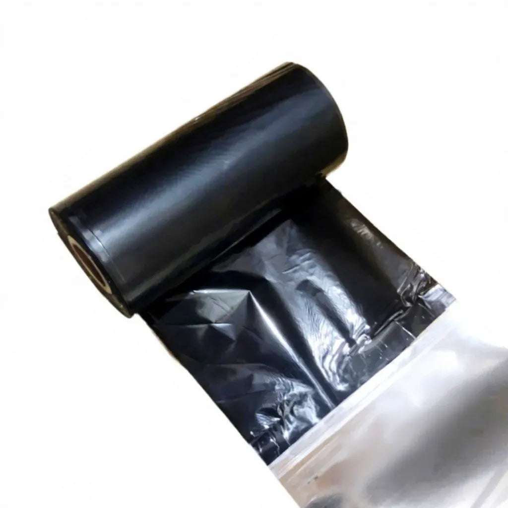 Black thermal transfer ribbon roll with folded packaging sleeve