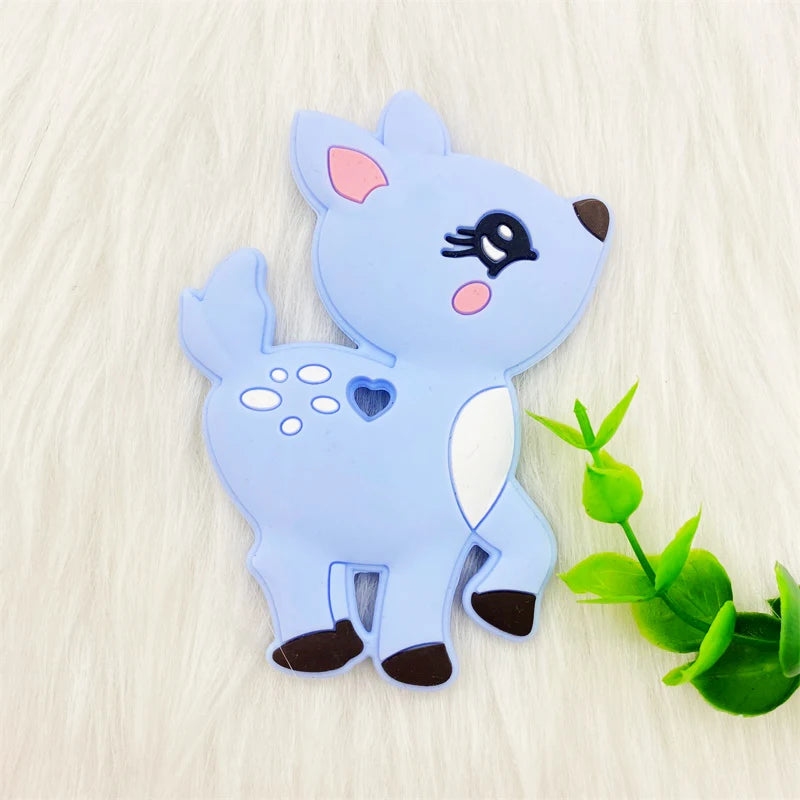 Light blue silicone baby teething toy shaped like a cute deer for soothing sore gums.