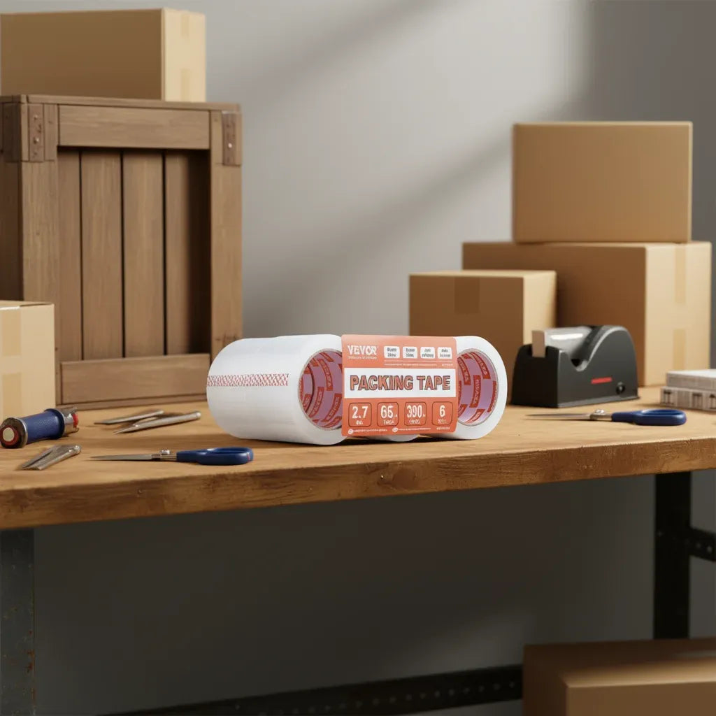 Clear 3-inch packing tape roll on a work surface, heavy duty carton sealing tape