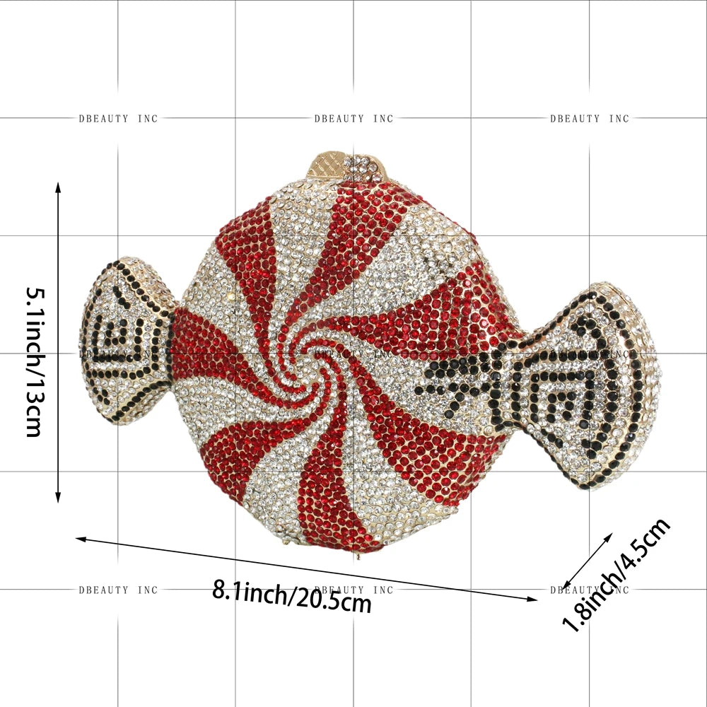 Red and white candy-shaped evening clutch with sparkling rhinestones, perfect for prom or cocktail parties.