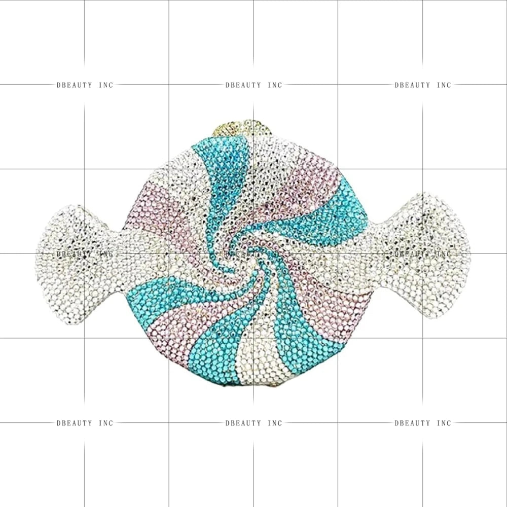 Sparkling candy-shaped designer handbag with blue, pink, and white crystal rhinestones for cocktail party evening wear.