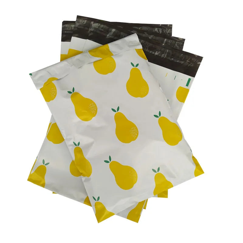 White plastic poly mailer set with yellow pear pattern and black top seal strips