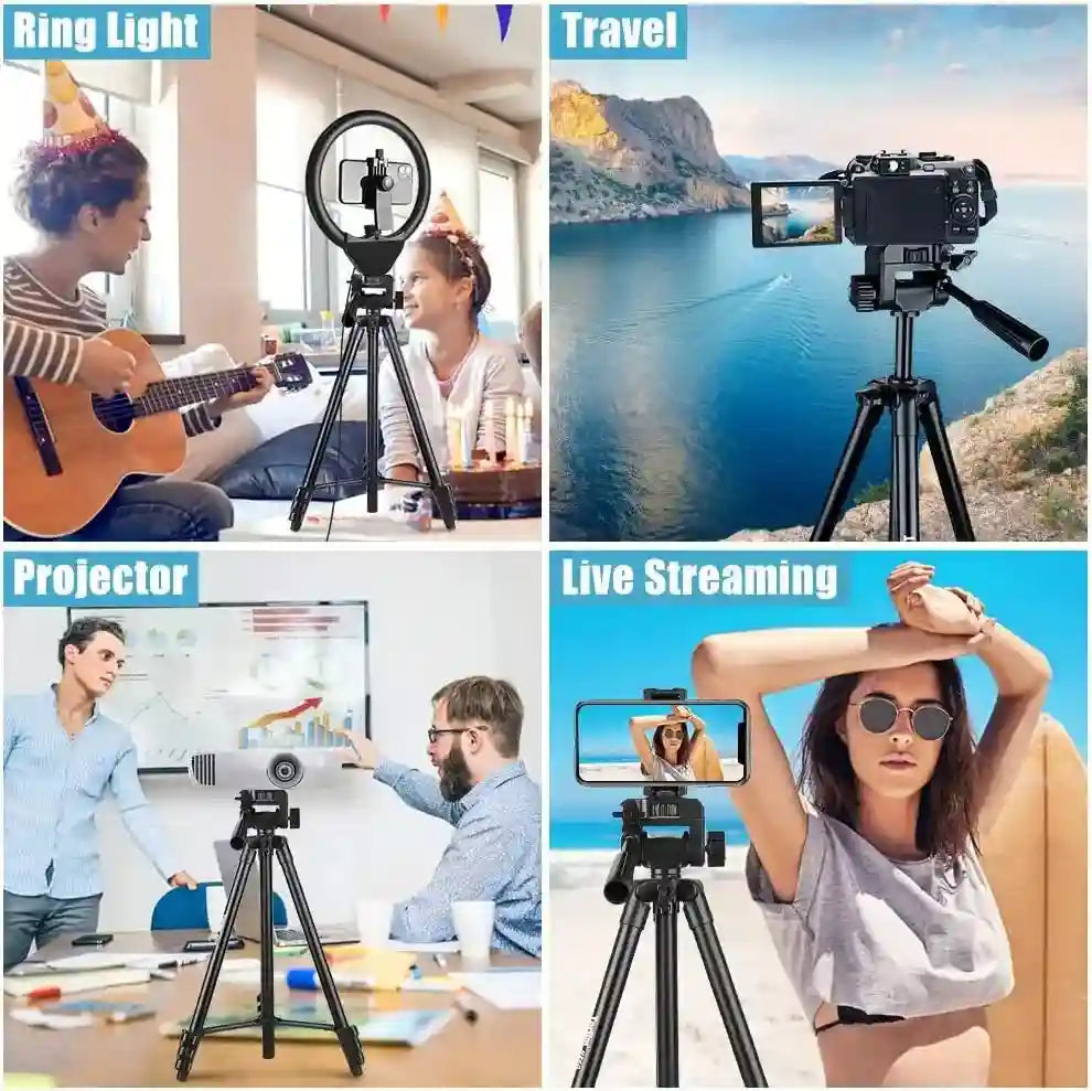 Black aluminum tripod stand for cameras, phones, ring lights, and projectors, showing adjustable height and usage.