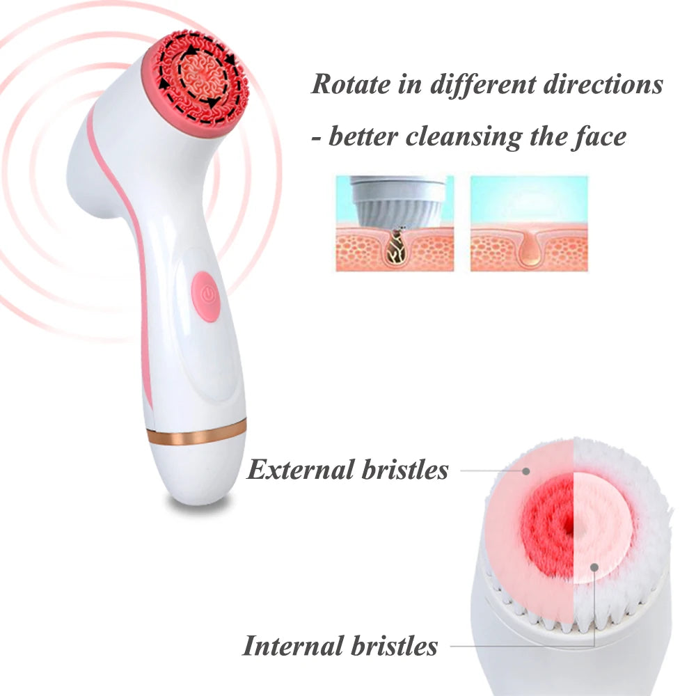 White and pink sonic facial cleansing spin brush for deep skin cleaning, blackhead removal, and galvanic spa massage.