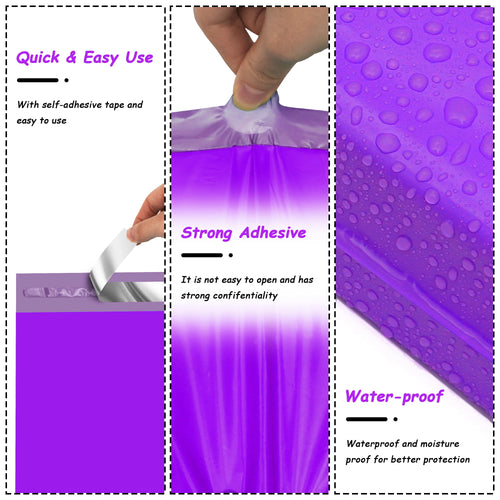 Purple poly mailer with water-resistant surface and self-adhesive sealing tape