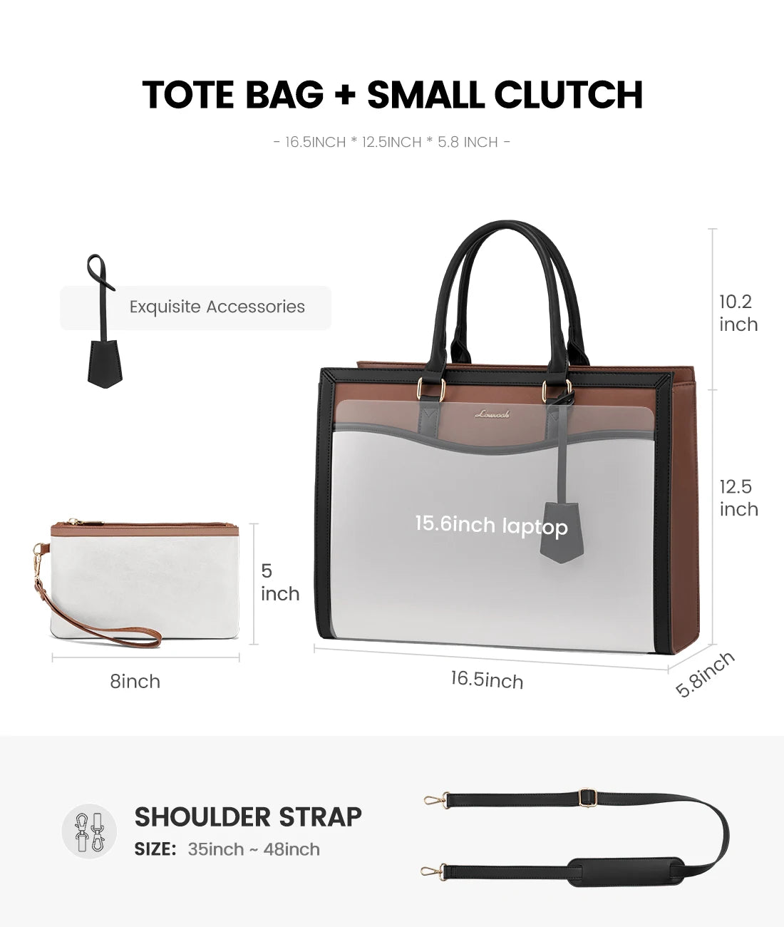 LOVEVOOK designer laptop tote bag in brown and black with matching clutch, shoulder strap, and key charm accessory.