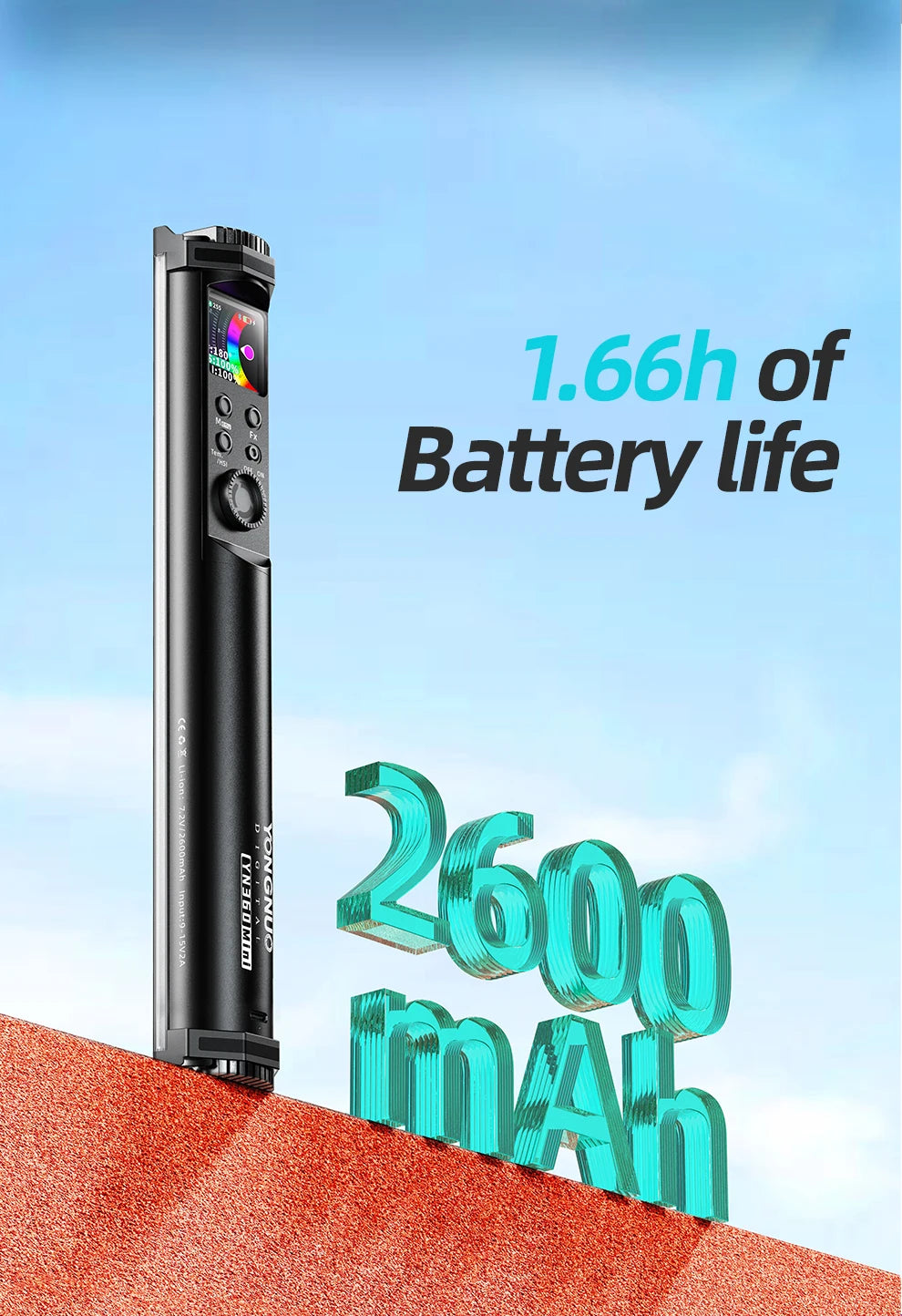 Black cylindrical LED light wand with a digital control screen, used for photography and videography lighting.