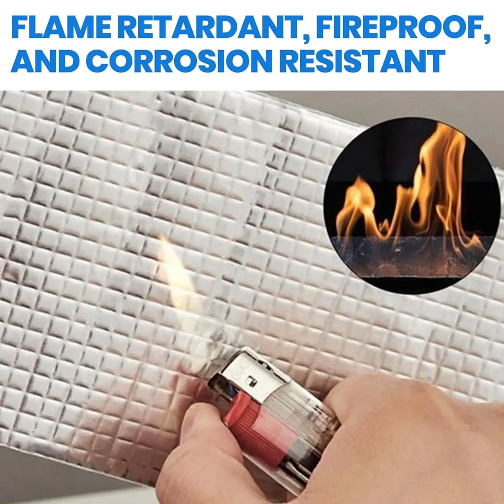 Aluminum foil butyl flashing tape on roof surface with flame-resistant protection inset