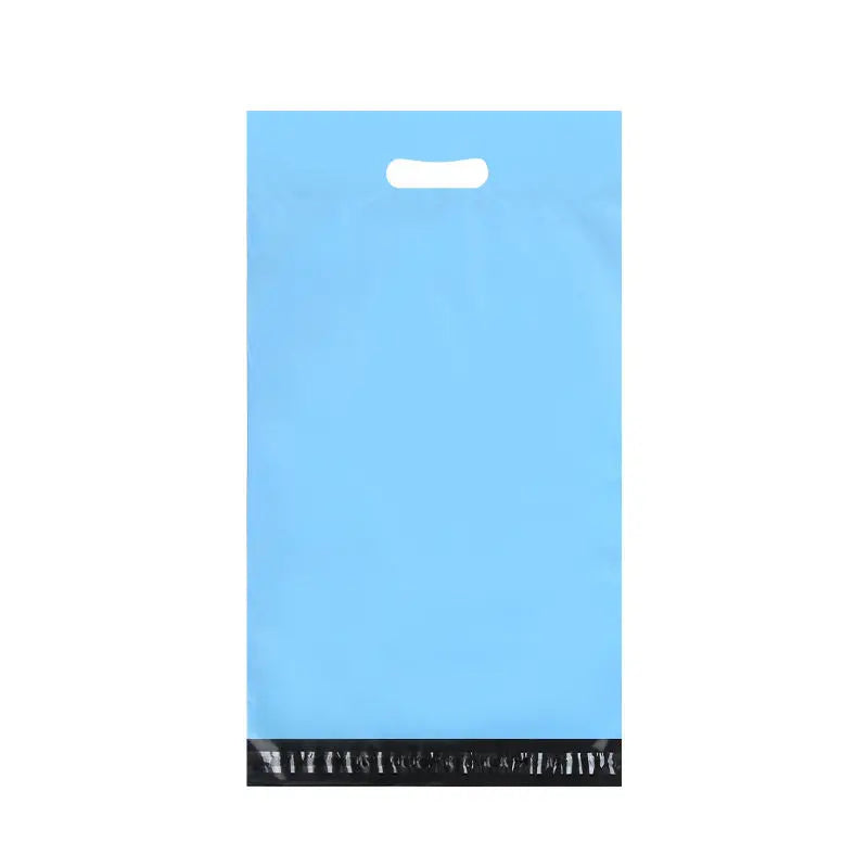 Blue handle mailer bag with top cutout handle and black bottom strip
