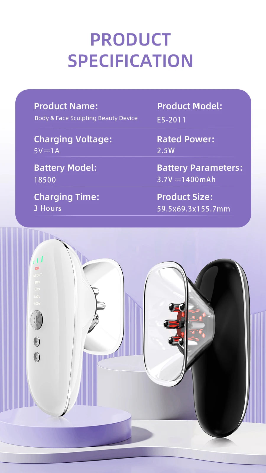 Product specification chart for a 4-in-1 sculpting device, showing white and black versions with suction cups.