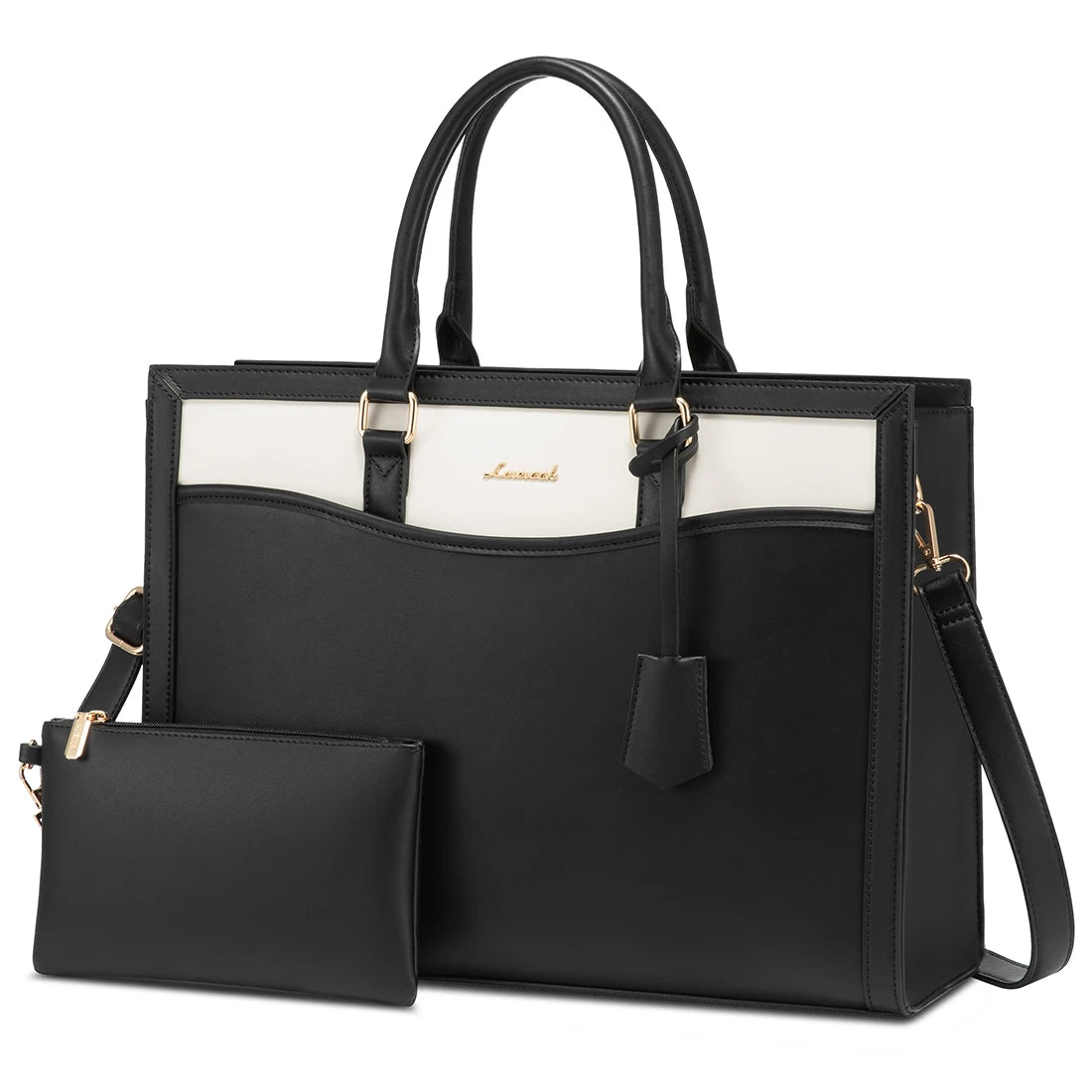 LOVEVOOK black and white designer laptop tote bag for women, luxury leather work handbag with matching pouch.