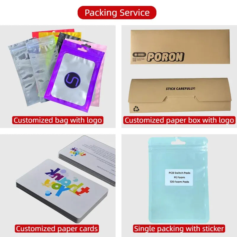 Branded packing materials including customized pouches, cards, and paper boxes