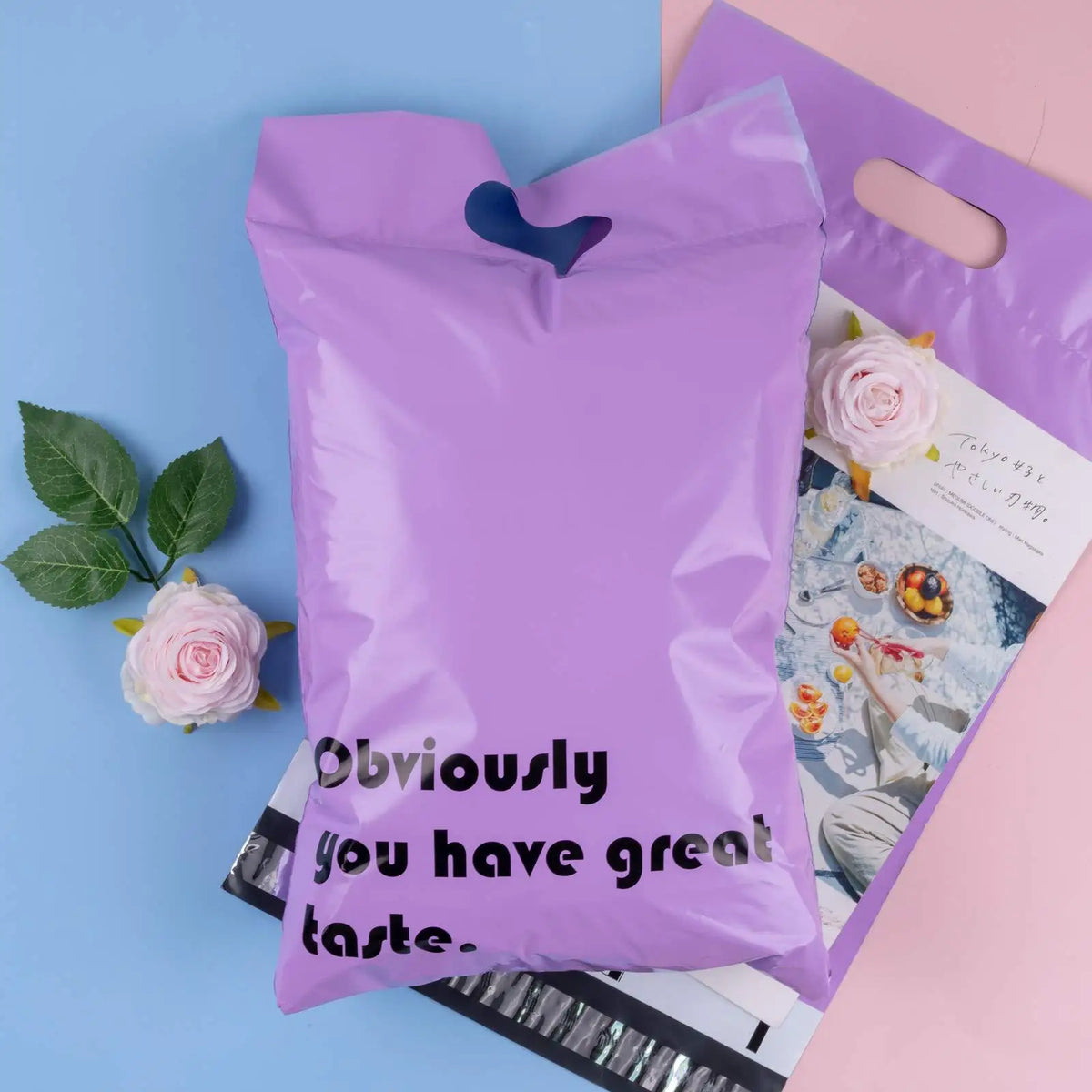 Purple plastic mailing bag with handle cutout and “Obviously you have great taste.” text