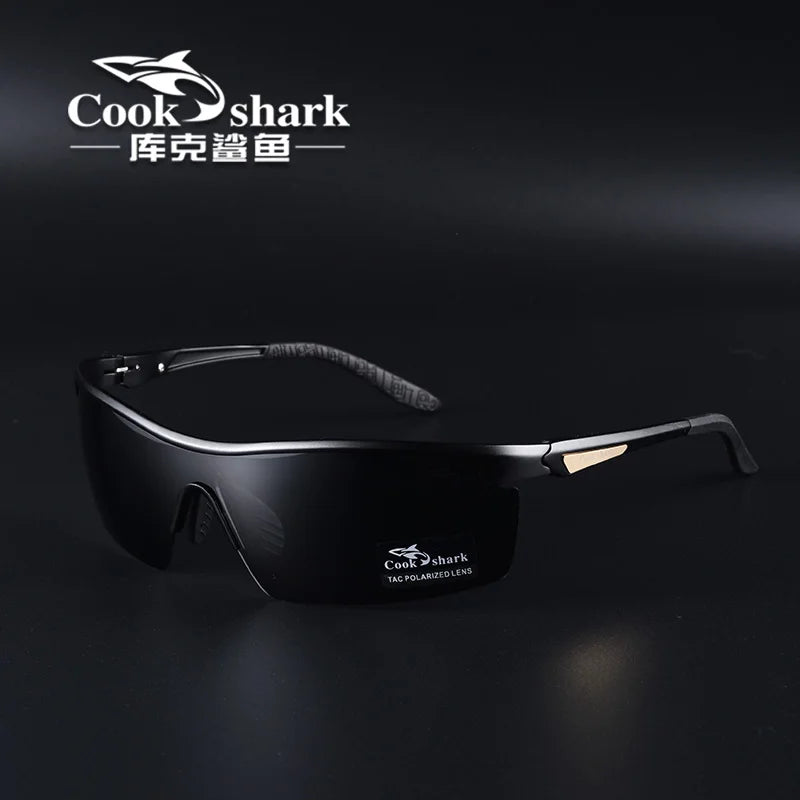 Black wraparound sports sunglasses with polarized lenses, thin black frames, and gold-tone temple accents.
