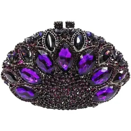 Purple crystal evening clutch with rhinestone embellishments, designer oval hard-shell purse for formal occasions.