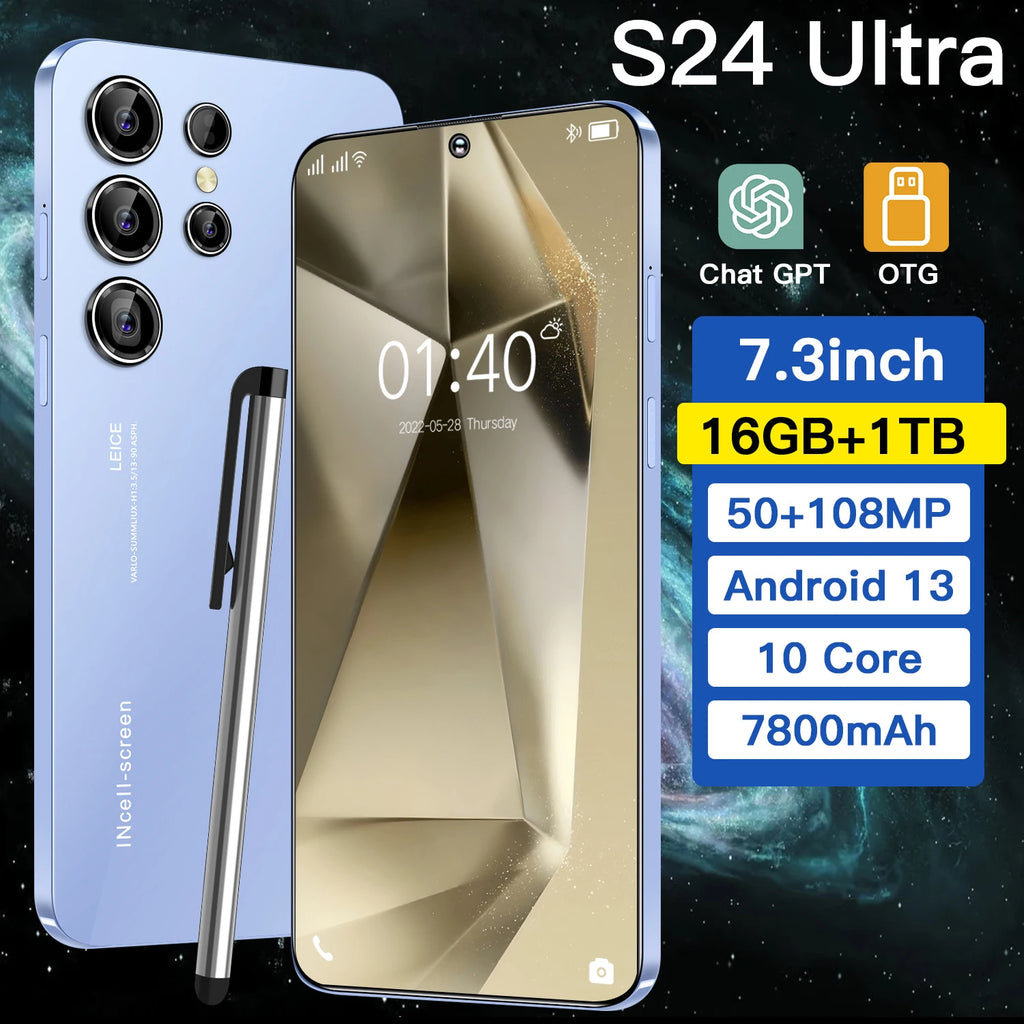 Hot Selling 2026 S24 Ultra 5G Smartphone 16GB+1TB 108MP 144HZ 7.3 Inch Full Screen Dual SIM CDMA Android 15