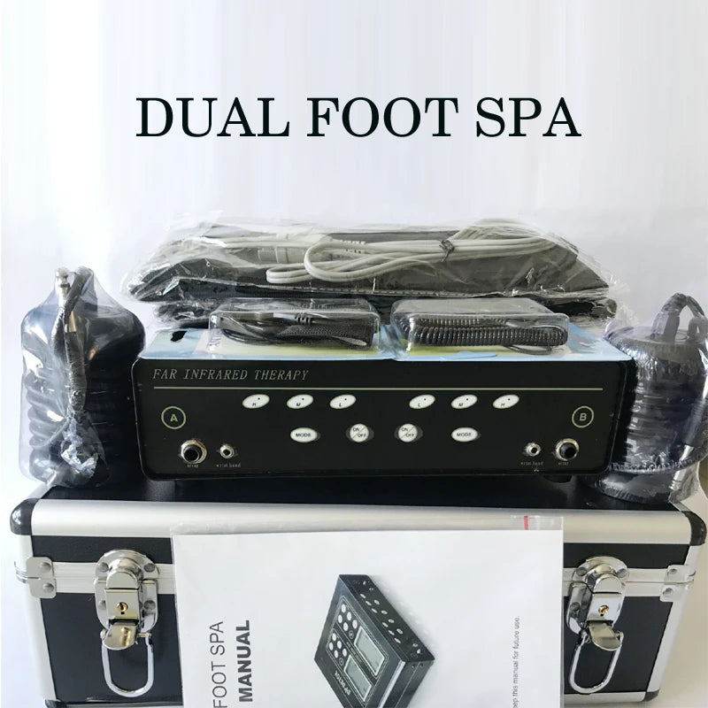 Dual ionic detox foot spa machine with control unit, two arrays, and far infrared therapy belt in a black carry case.