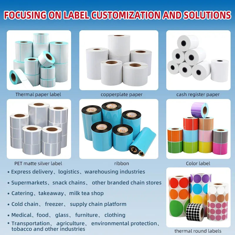Assorted white and colored label rolls and thermal label types collage
