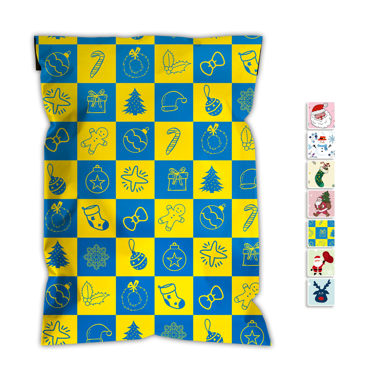 Printed poly mailer shipping bag, bright blue with yellow Christmas icons in a grid pattern.