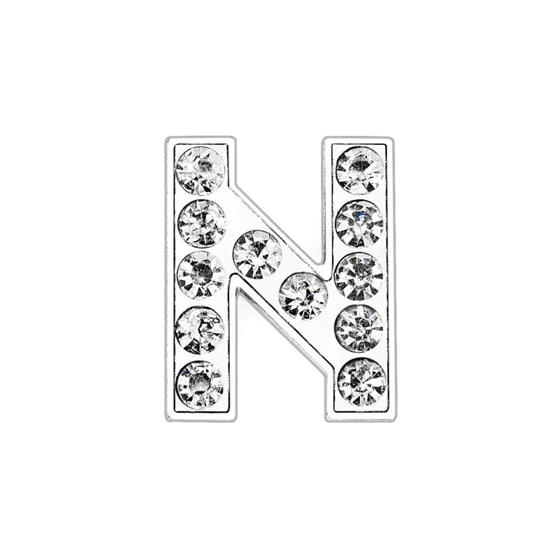 Rhinestone letter N slide charm for 8mm DIY pet collar. Silver alphabet initial for custom dog or cat collar accessories.