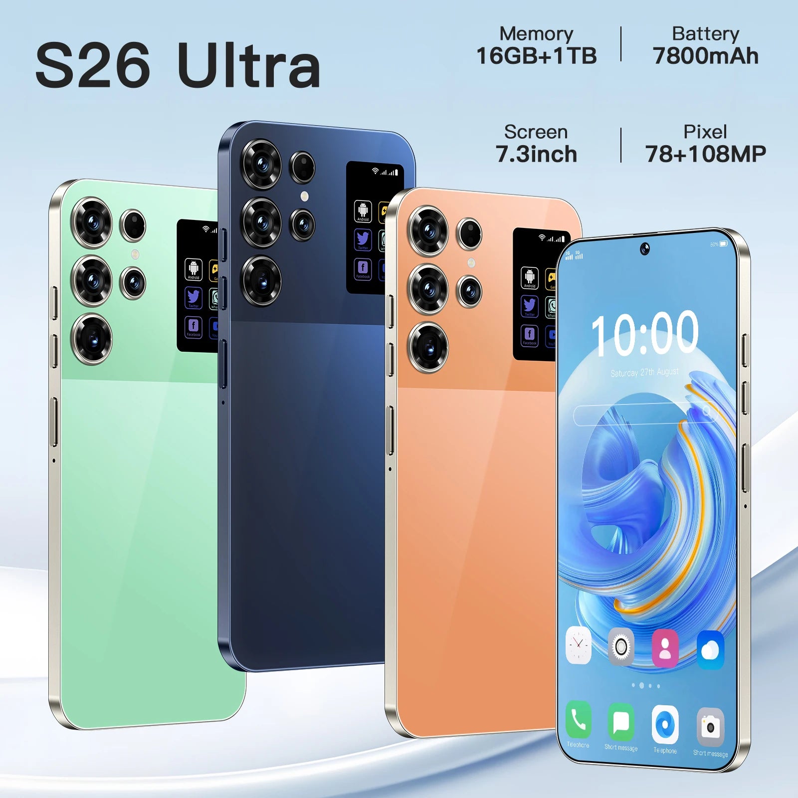 S26 Ultra smartphone featuring 7.3 inch display, 16GB RAM, 1TB storage, and 108MP camera in 6th gallery view