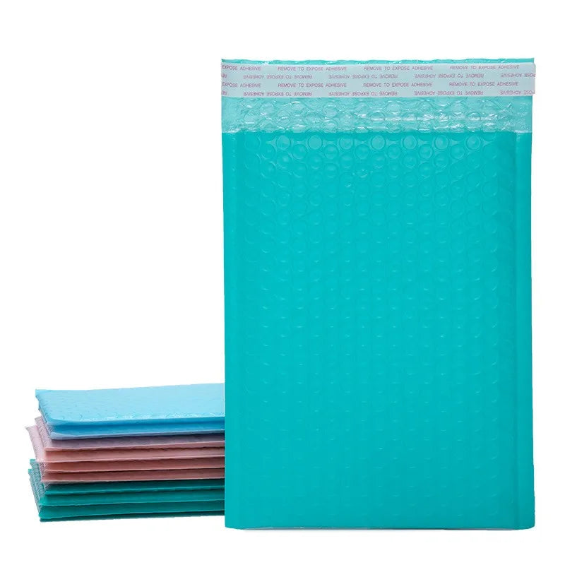 Blue-green bubble mailer bag standing upright with reclosable self-seal flap