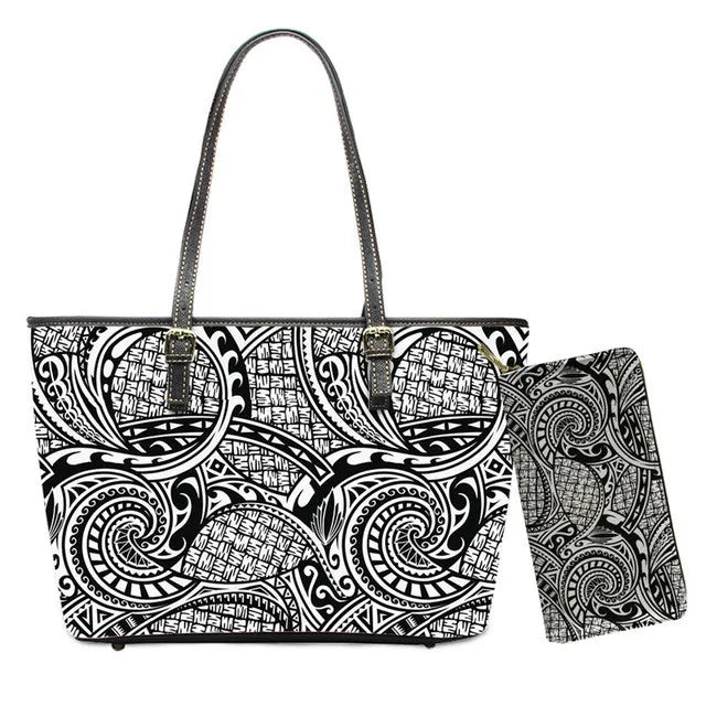 Black and white Polynesian tribal print leather tote bag and matching wallet set for women.