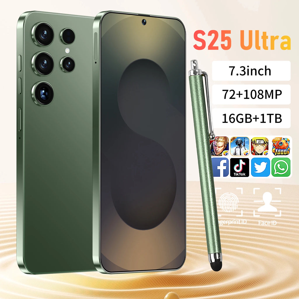 2026 S25 Ultra 5G Android 16 smartphone with 7.3 inch display and 108MP camera, front view, 16GB RAM 1TB storage