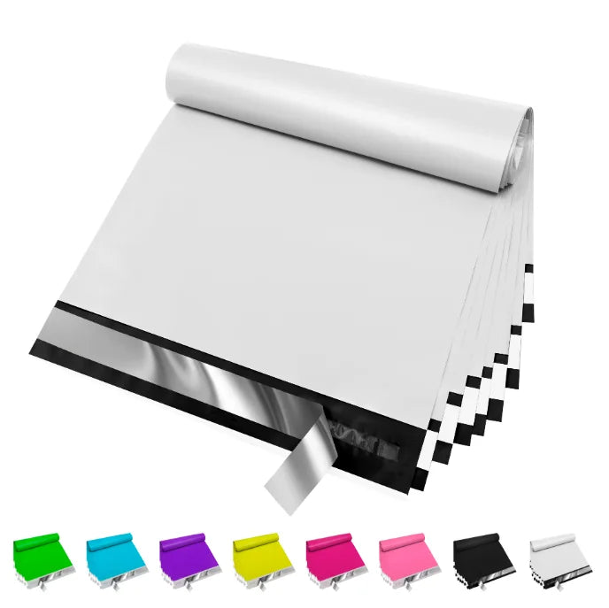 White poly mailers stack with self-sealing adhesive strip, tear-resistant waterproof shipping bags