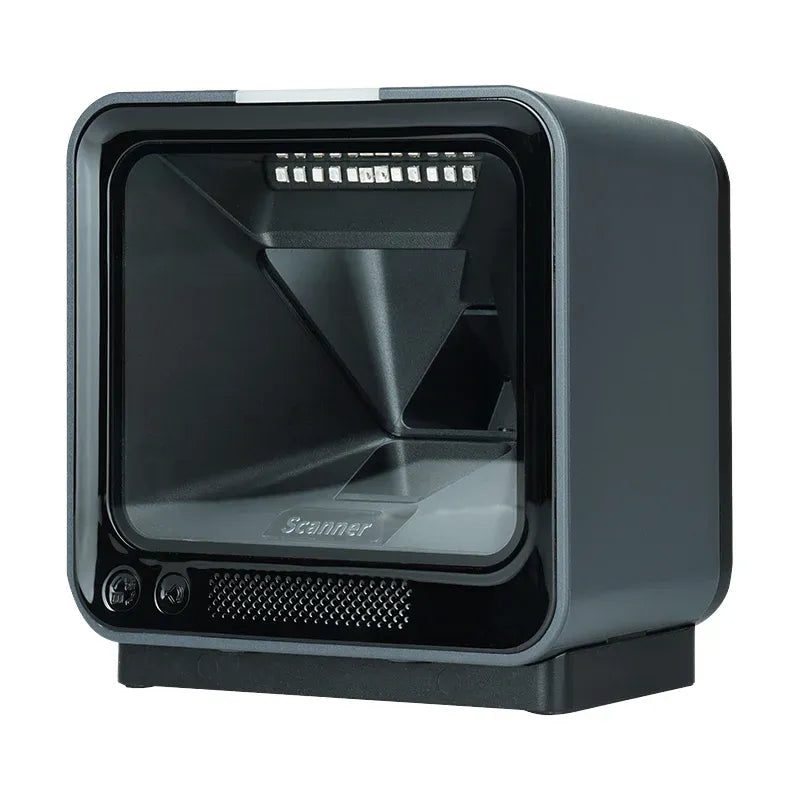 Desktop barcode and QR code scanner with dark front window and scan grid