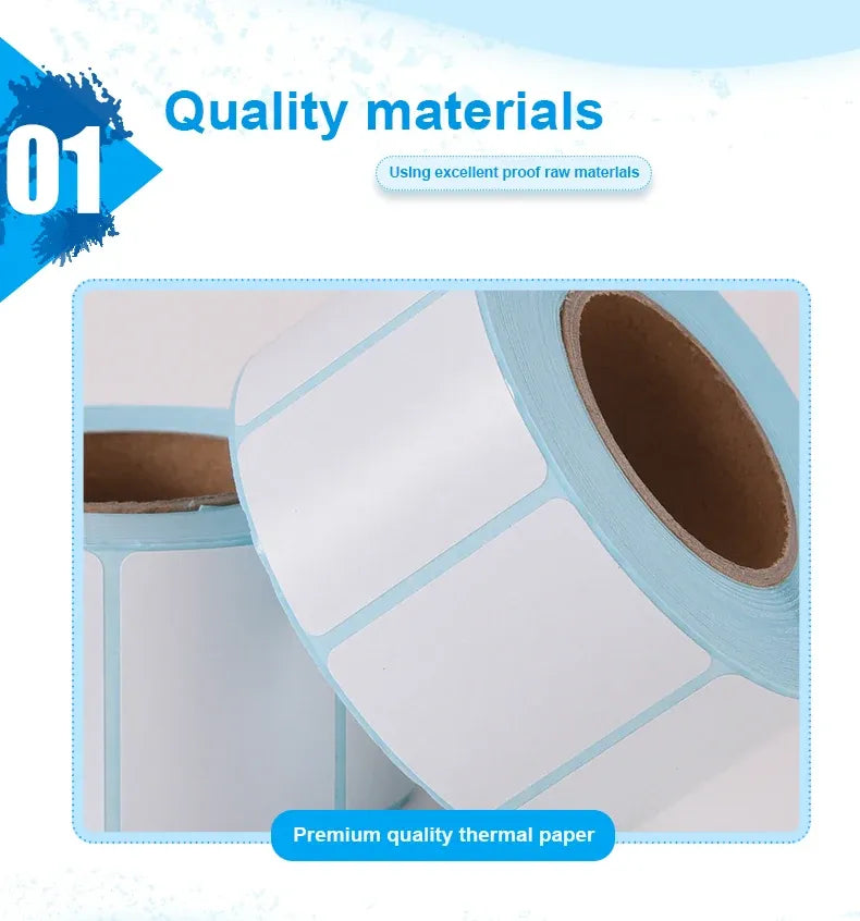 Thermal label sticker roll with blue backing, blank labels on continuous paper