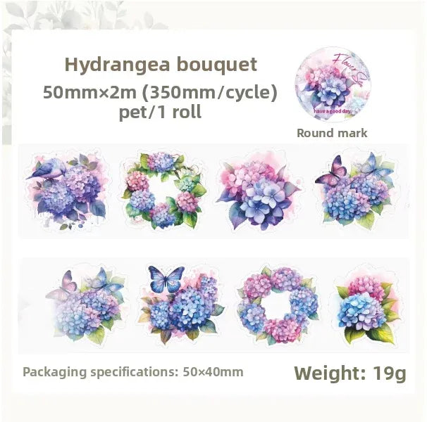2M/Roll Kraft Paper Masking Pet Tape Meet Flower Sea Series Plant Hand Account Diy Material Decoration Loop Stickers 8 Models