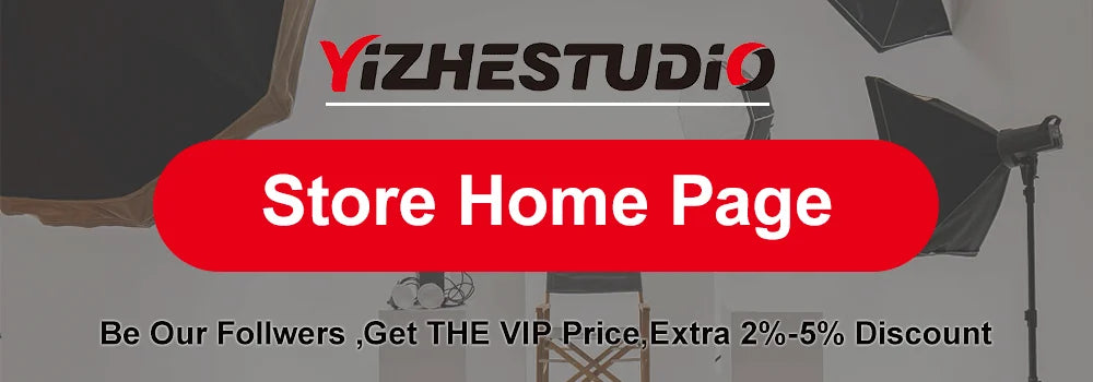 A red rectangular banner reading "Store Home Page" overlaid on a photography studio background.