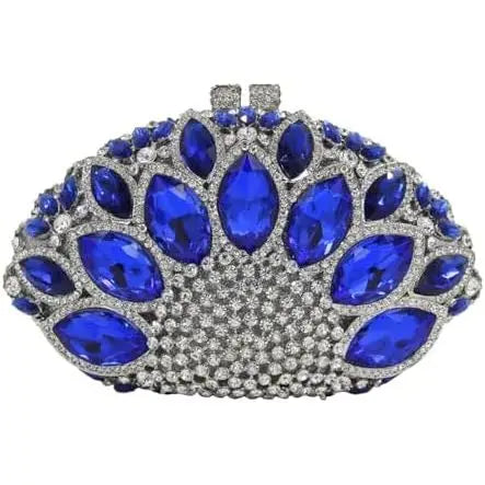 Blue rhinestone luxury formal evening clutch with large oval crystal petals, silver frame, and peacock-inspired design.