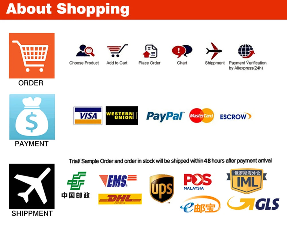 Infographic showing AliExpress order process, payment methods, and international shipping courier options.