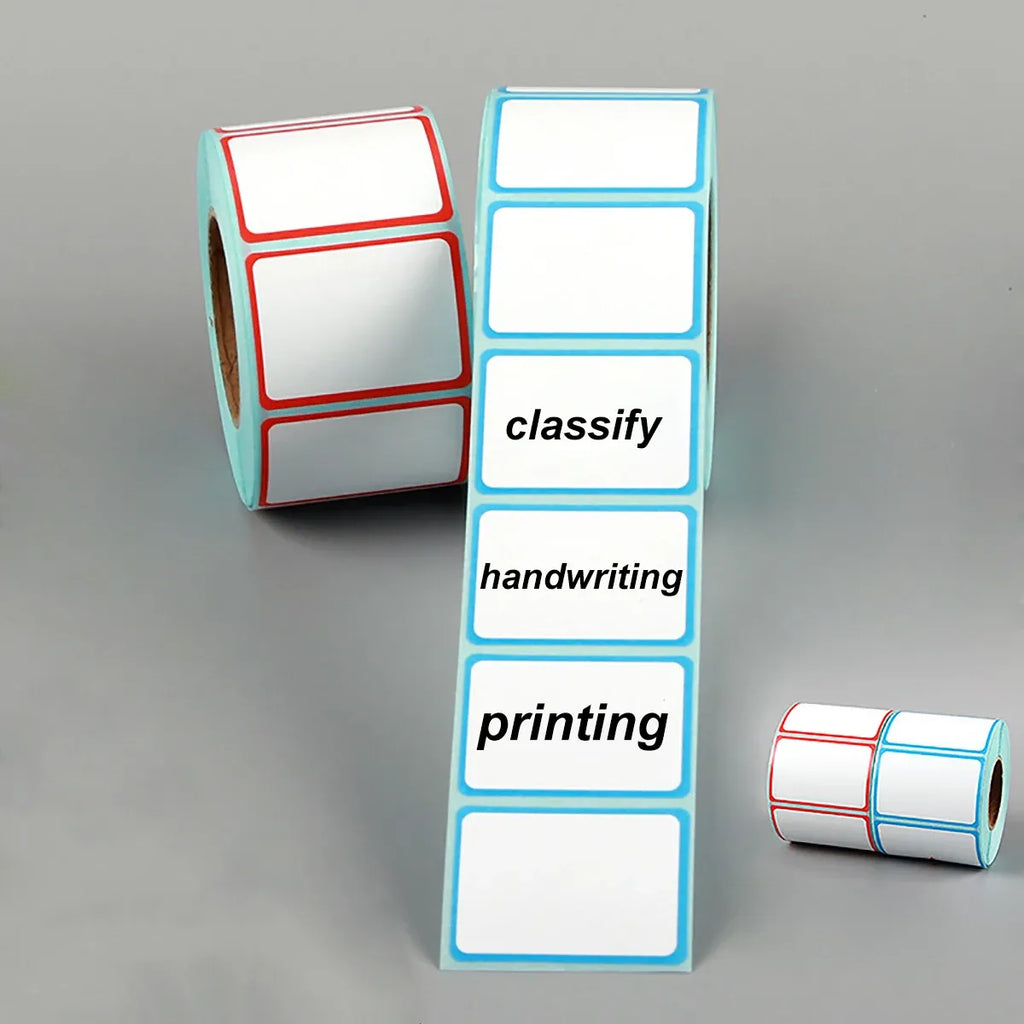 Self-adhesive thermal labels roll: white labels with sky-blue borders, printed sample blocks