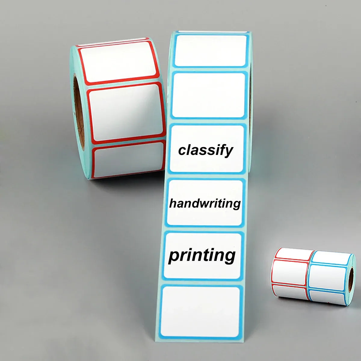 Self-adhesive thermal labels roll: white labels with sky-blue borders, printed sample blocks