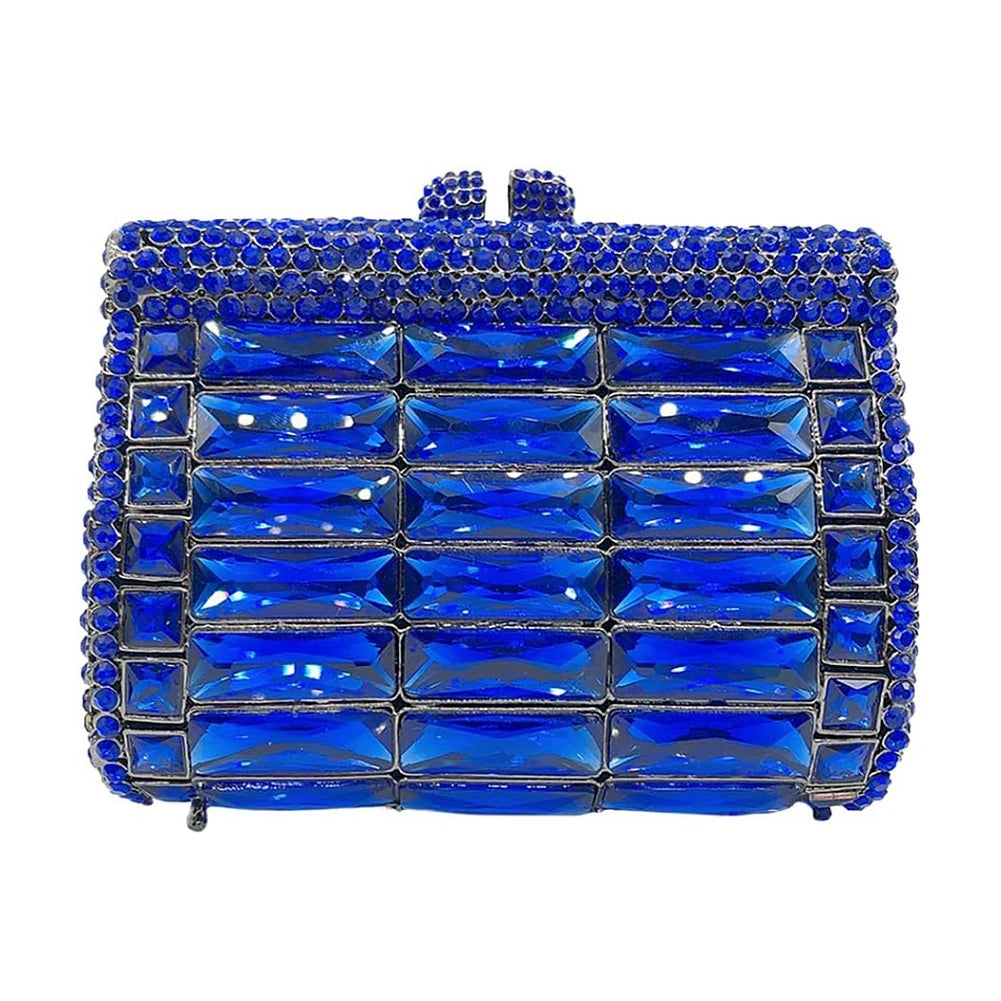 Blue crystal evening clutch bag with rectangular rhinestones, luxury designer handbag for weddings and formal events.