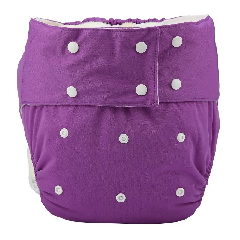 Solid purple reusable cloth baby diaper with adjustable white snaps for a secure fit.