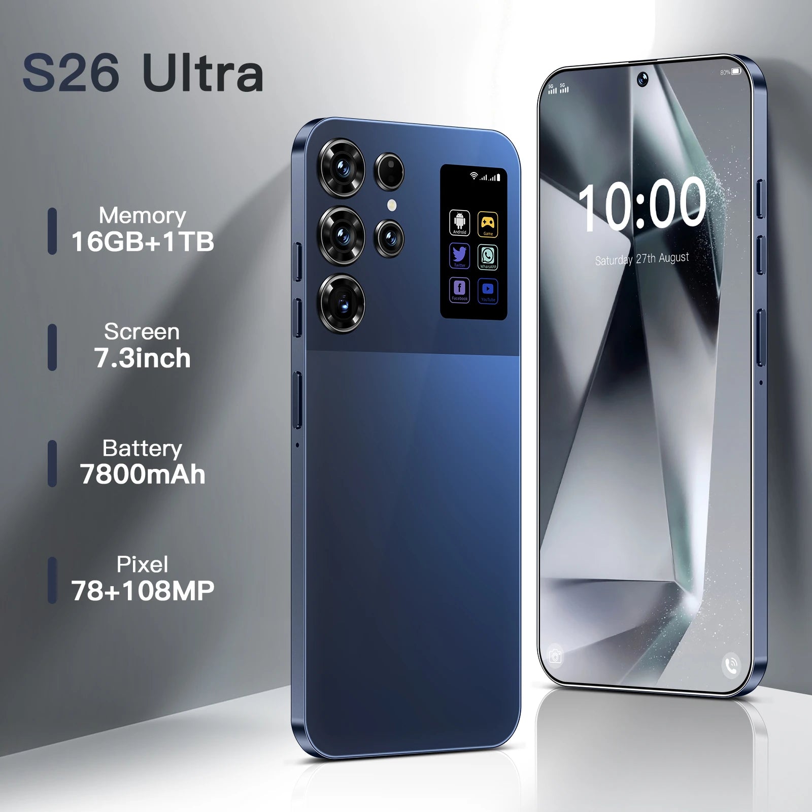 2025 S26 Ultra Android 14 smartphone with 7.3 inch HD screen and 108MP camera, showing side profile view