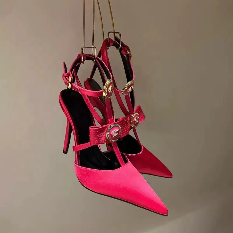 2026 New Women's High Heels Pointed Shallow Mouth Metal Bow Thin Heel Party High-heeled Sandals