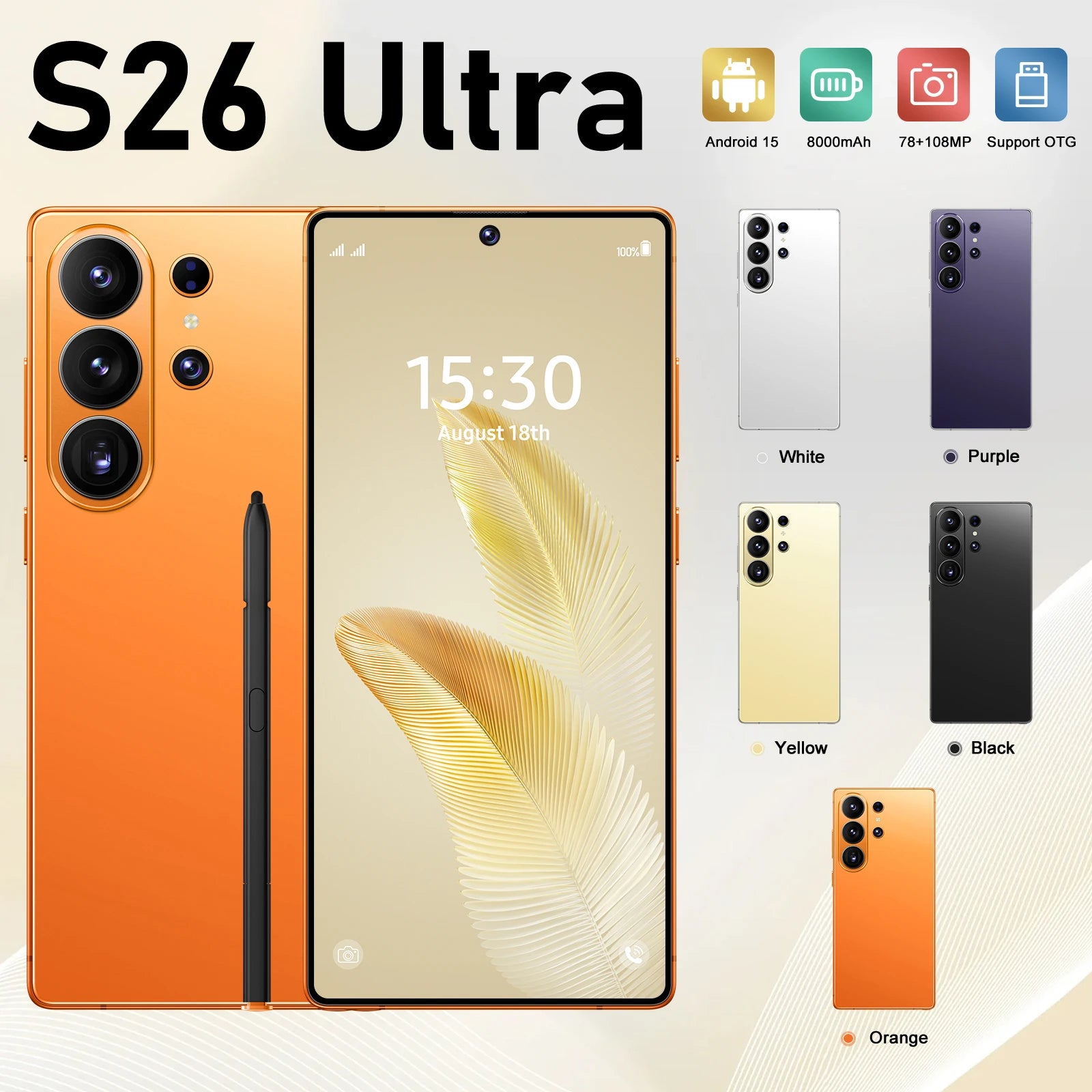 S26 Ultra Android 15 5G smartphone with 22GB RAM, 2TB storage, 144Hz display, and 108MP camera in gallery view 9