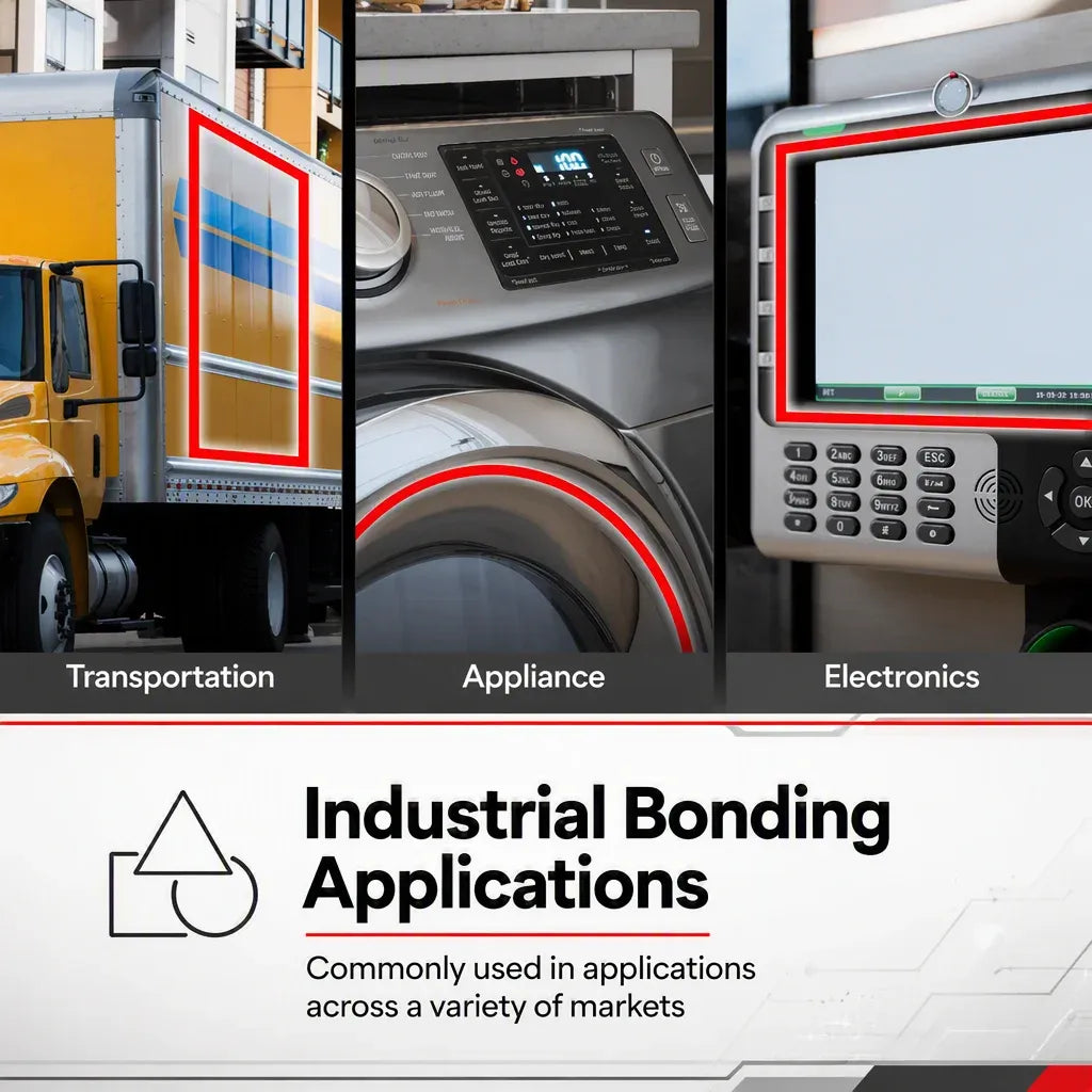 Double-sided foam tape promotional graphic with industrial bonding application icons