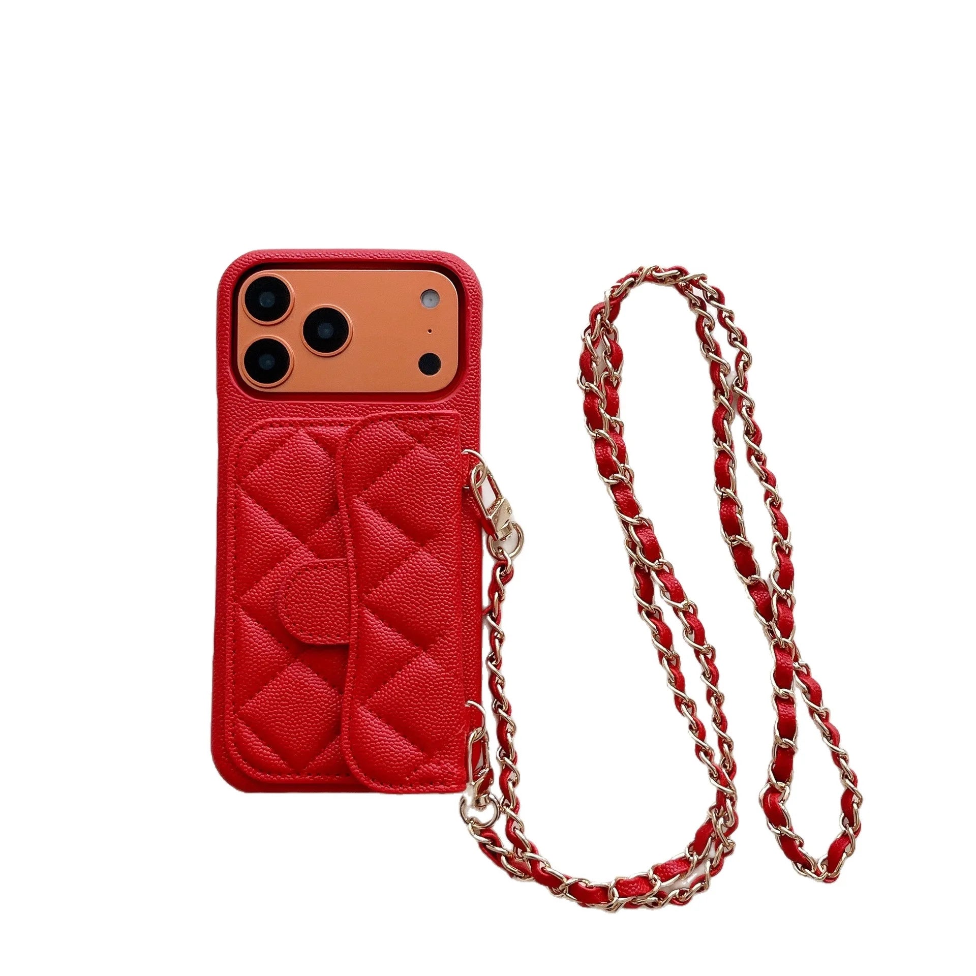 High End Embossed PU Leather Solid Color Crossbody Chain Wallet Card Anti-drop Cover Mobile Phone Cases for 15 Pro