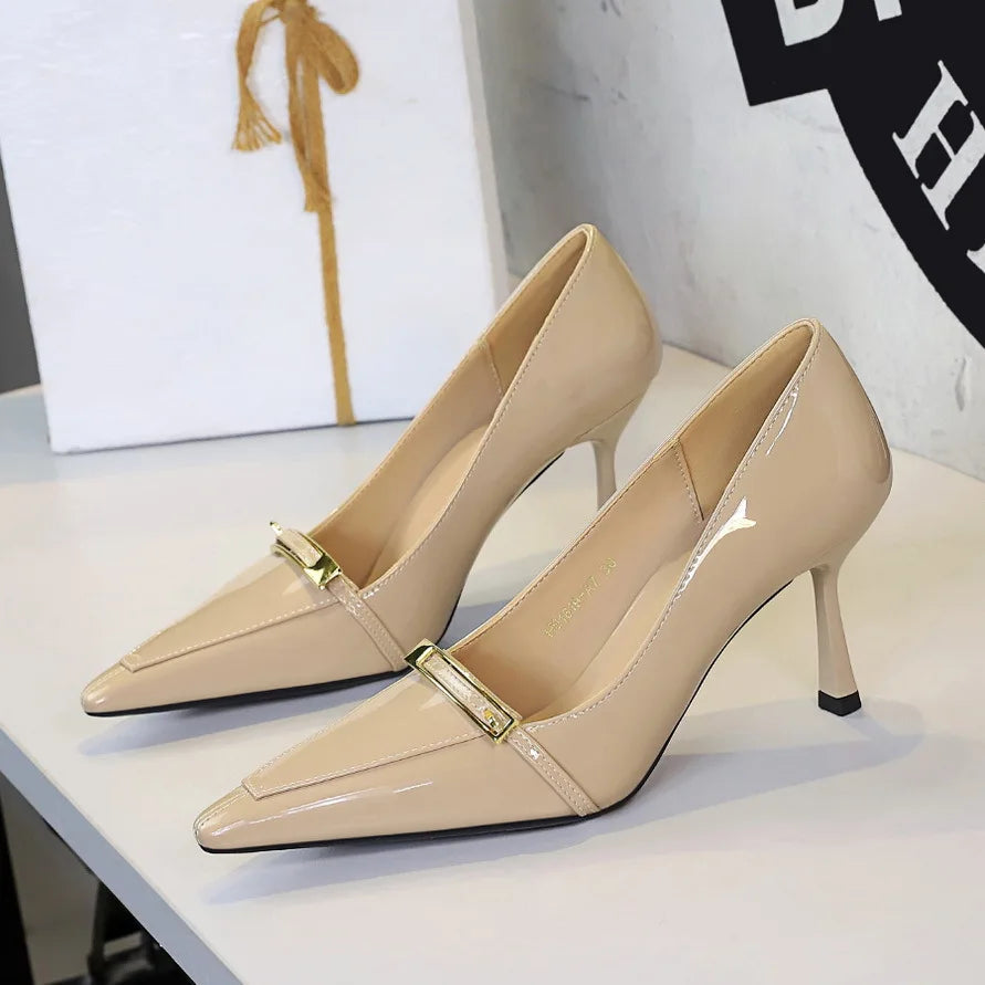 European American Style High Heels for Women Sexy Metal Buckle Patent Leather Pointed Shoes Summer Temperament Thin Heel