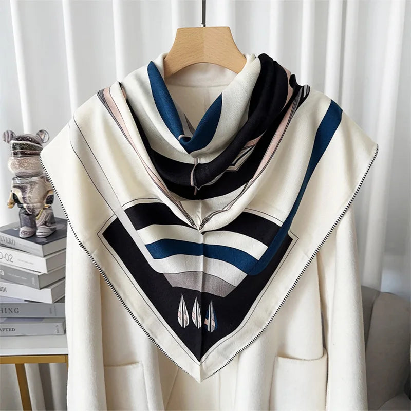 195x125x125cm Triangle Silk Wool Blend Scarf Double Sided Large French Casual Relaxed Style Shawl With Hand Rolling Hem OEM